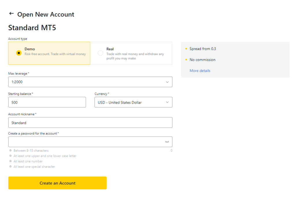 exness demo account settings