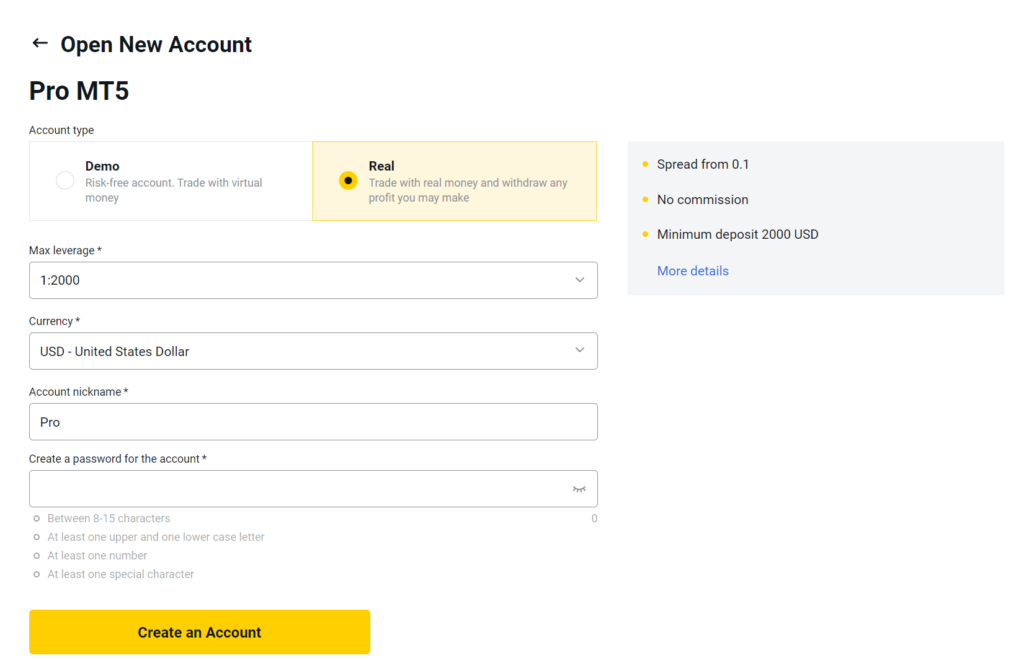 Exness Pro Account settings