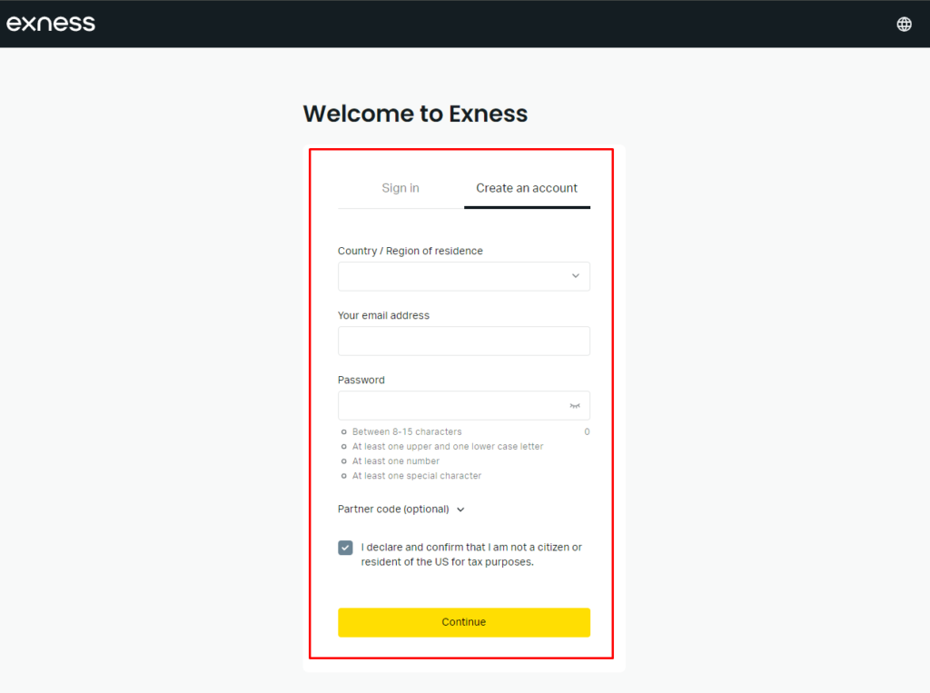 Exness Sign up page